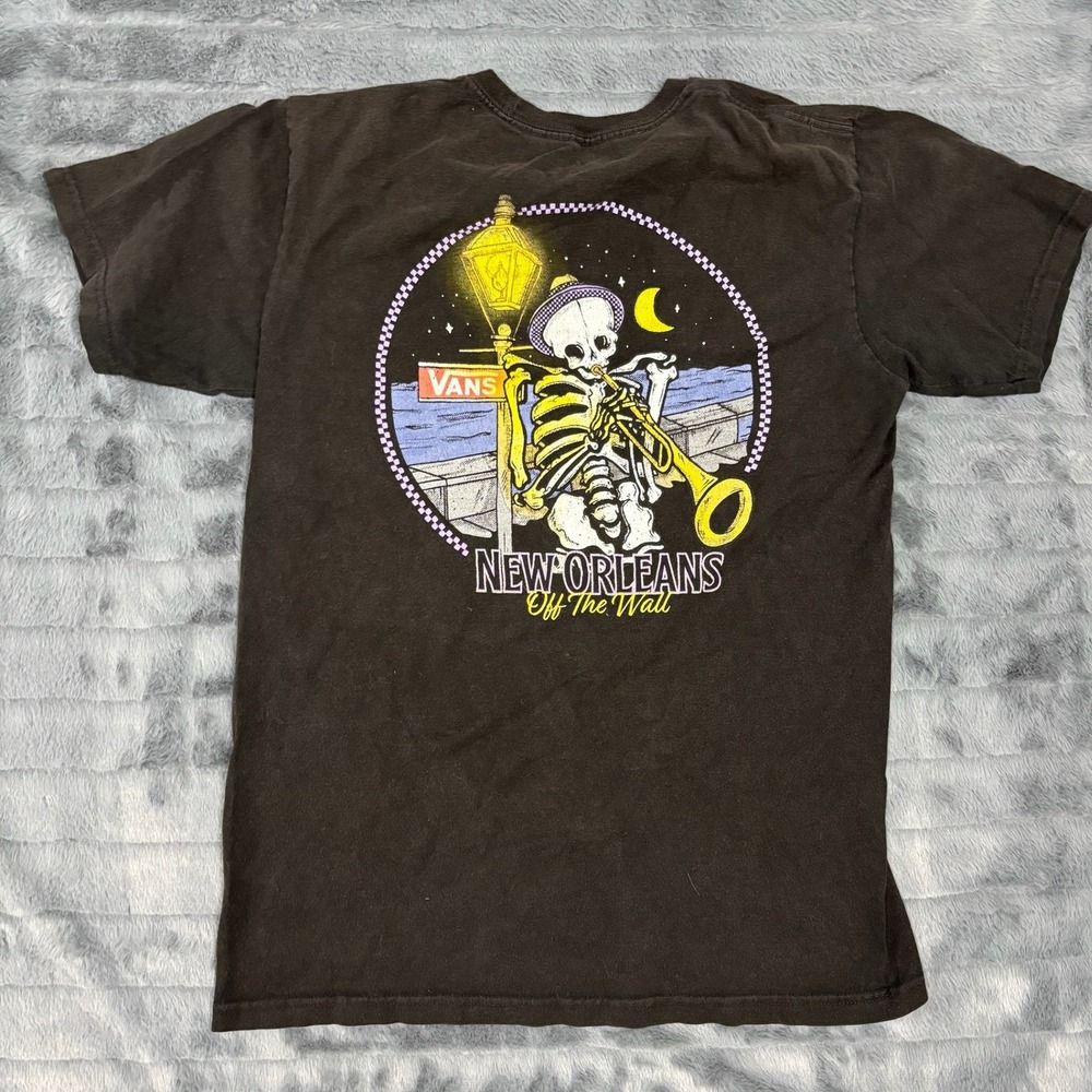 Vans New Orleans Skeleton Trumpet Graphic T-Shirt Mens Small Black Short Sleeve